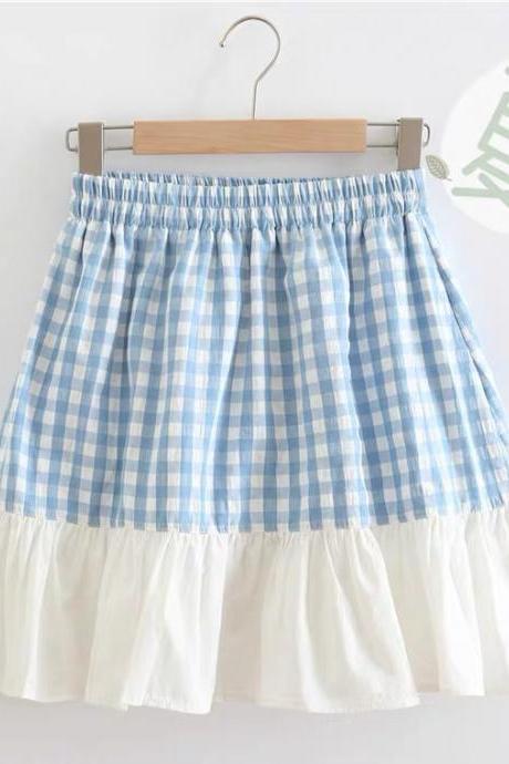 Fashion Light Blue Plaid Flounces A-line Skirt