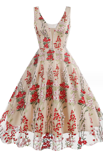 V-neck Retro Sleeveless Embroidered Dress