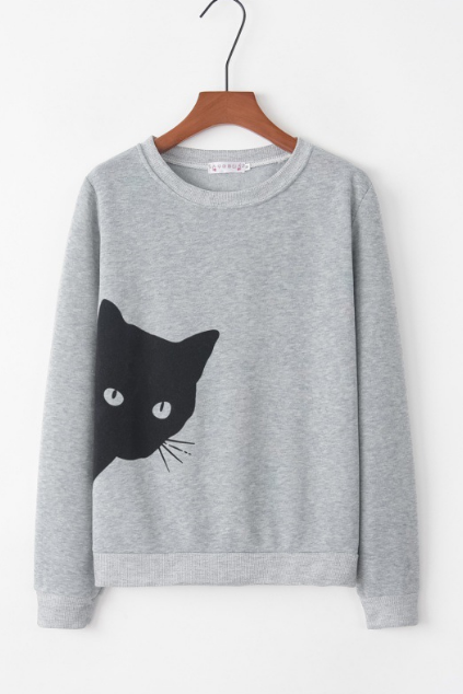 Women's Cat Head Printed Loose Round Neck Long Sleeved Women's Sweater