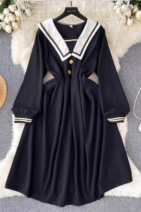 Loose Fitting Long Sleeved Solid Color Large V-neck High Waisted Dress