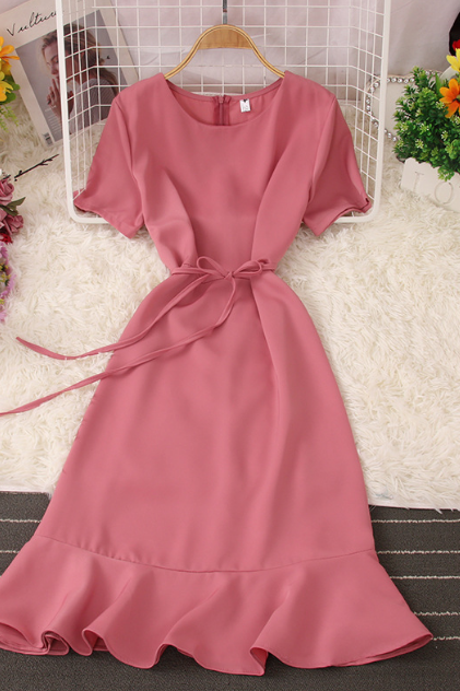 Solid Color Short Sleeved Slim Sweet Ruffled Dress