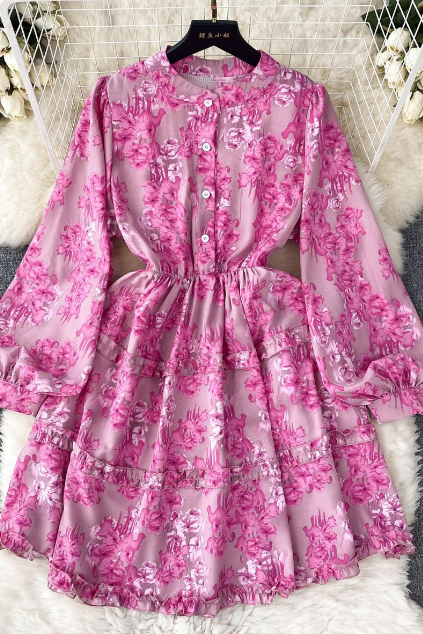 Temperament Bubble Sleeves Long Sleeves Floral Dress