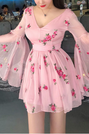 Light Pink Flower Embroidery Dress