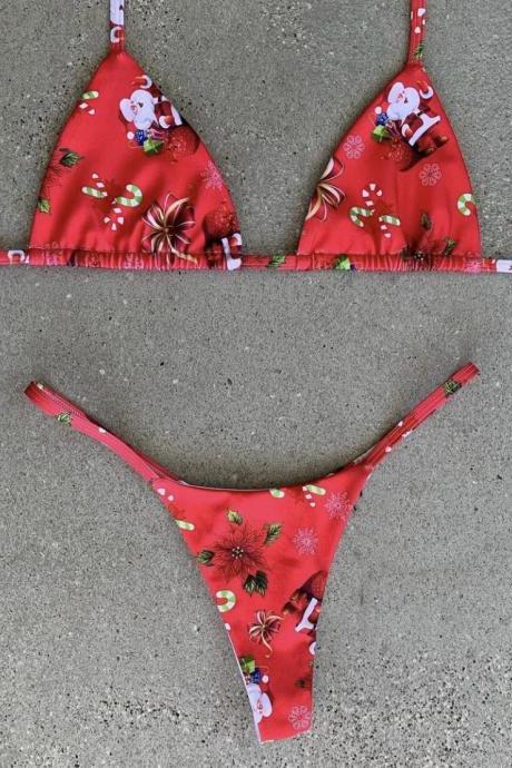 Christmas Print Bikini For Women Tie Pool Swimsuit