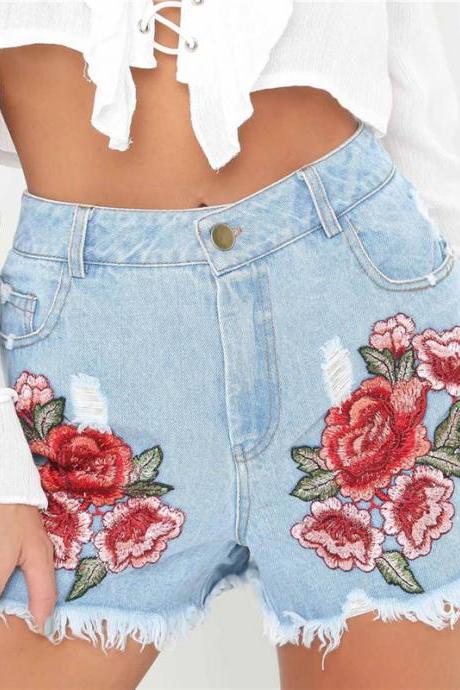 Floral Embroidered Light-Washed High Rise Distressed Denim Shorts Featuring Frayed Hem 