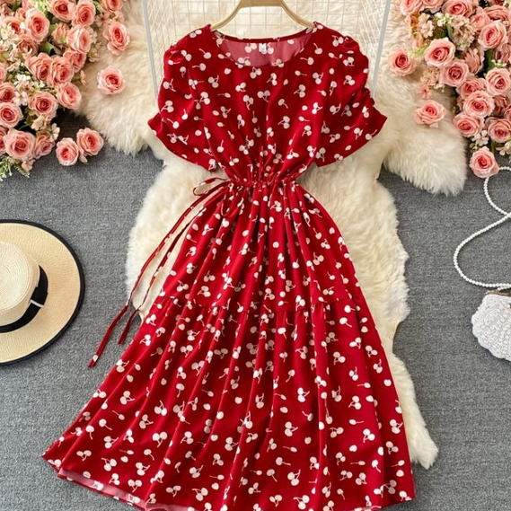 Vintage Puff Sleeves Round Neck Floral Dress