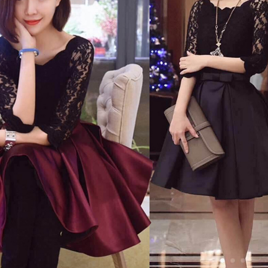 Slim Bow Stitching Lace Dress Vc31208mn on Luulla