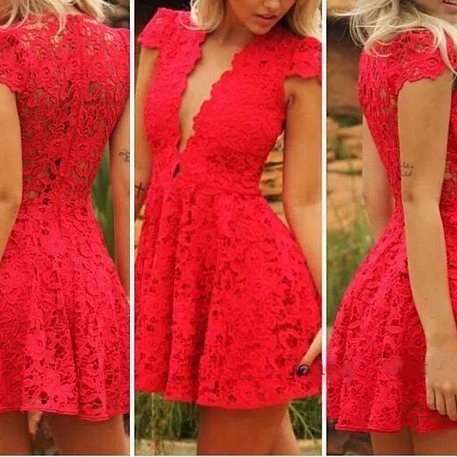 Beautiful V Neck Red Lace ..