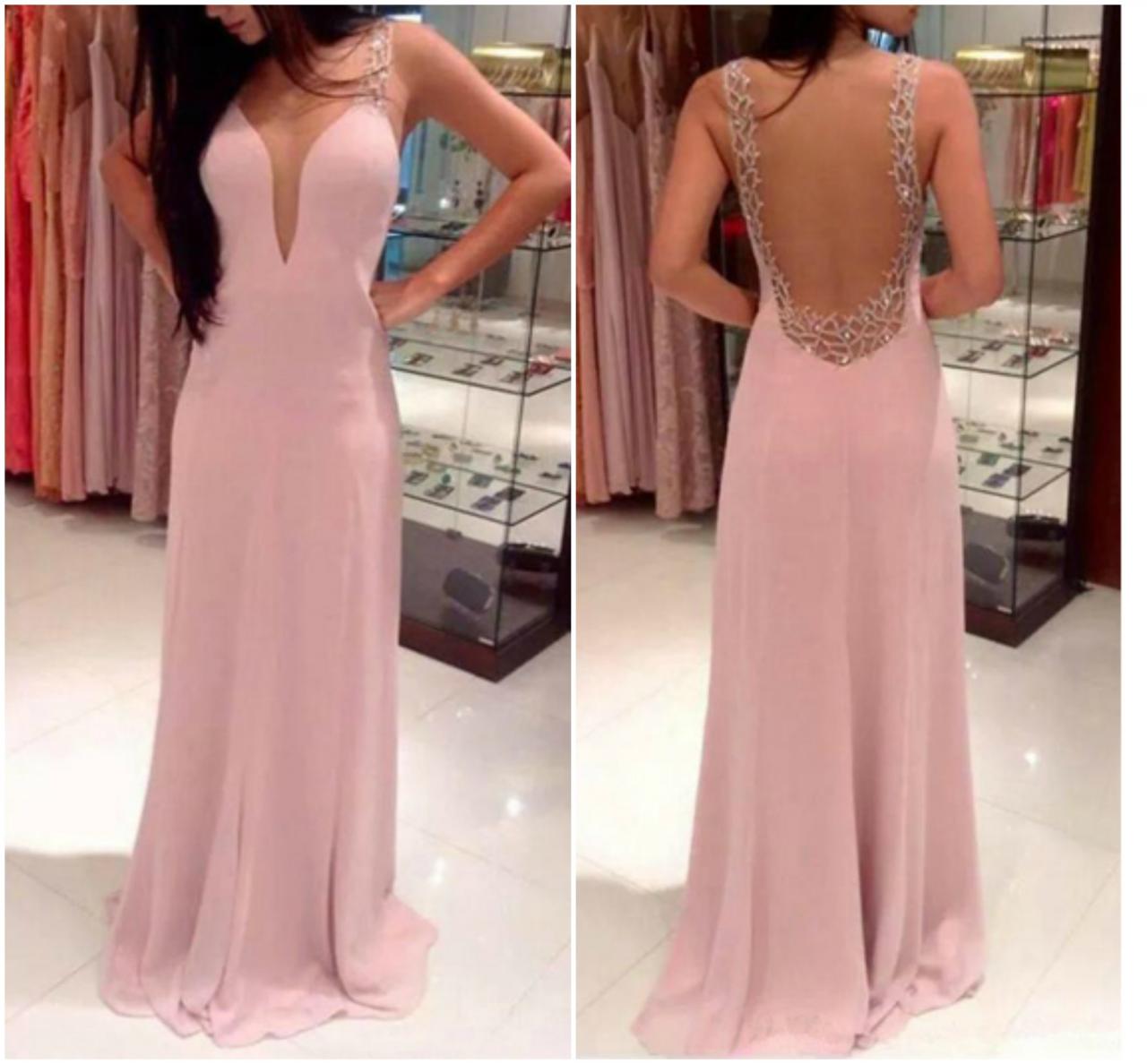 Pink Sleeveless Plunging V Aline Long Prom Dress, Evening Dress