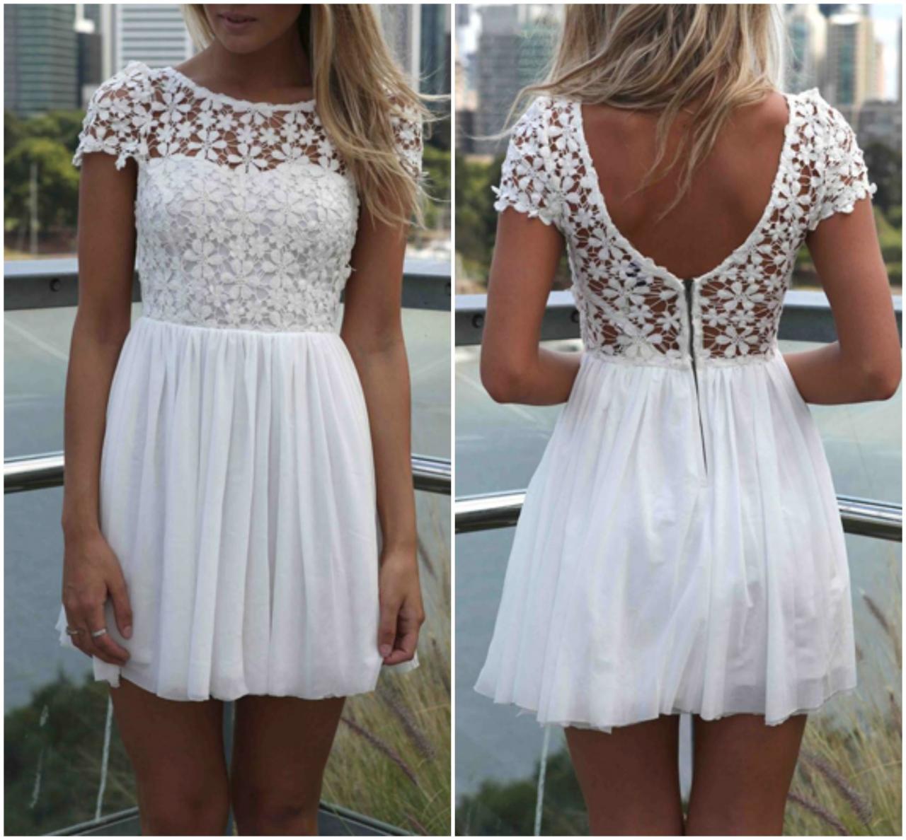 White Floral Lace And Chiffon Pleated Dress on Luulla